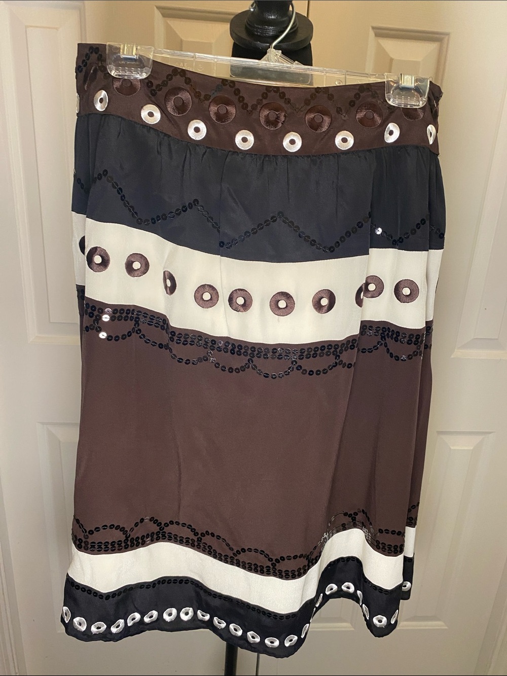 WD.NY Brown, Black & White 100% Silk Embellished Midi Skirt size 10